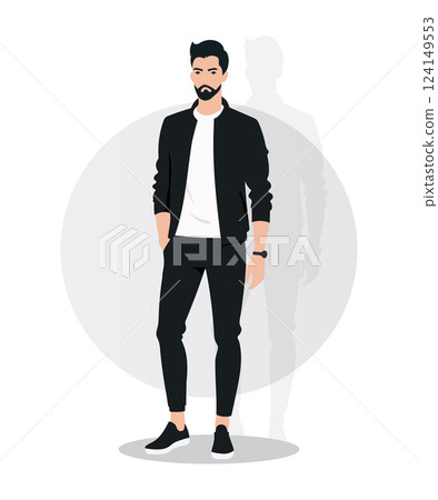 Bearded Young Man in a Sporty Black and White Streetwear Outfit. 124149553