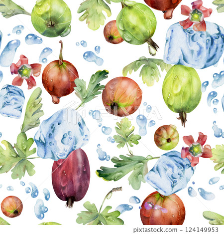 Gooseberry Currant berries flying in water splash with flowers leaves, ice cubes dew drops, ripe garden juneberry casseille. Isolated seamless pattern hand drawn in watercolor. Craft drinks, grocery 124149953