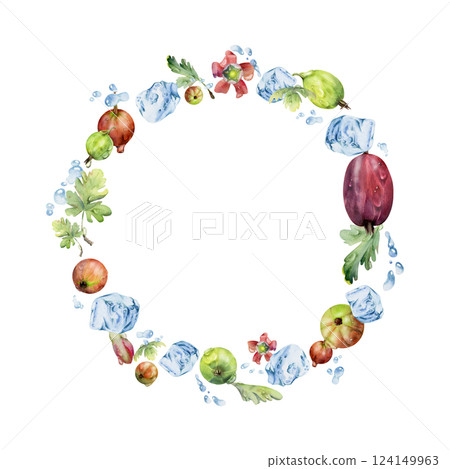 Gooseberry Currant berries flying in water splash with green leaves, flowers, dew drops ice cubes, wreath hand drawn in watercolor. Ripe garden casseille. Isolated circle frame. Fresh grocery store Gooseberry Currant berries flying in water splash with green leaves, flowers, dew drops ice cubes, wreath hand drawn in watercolor. Ripe garden casseille. Isolated circle frame. Fresh grocery store 124149963