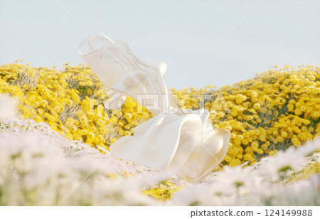 Abstract spring flowers landscape scene with white flying cloth. 3d rendering. 124149988