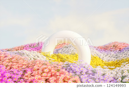 Abstract spring flowers landscape scene with white podium. 3d rendering. 124149993