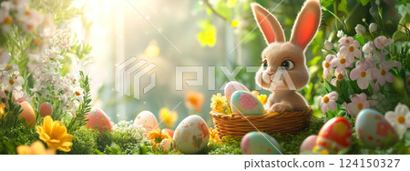 A rabbit sits beside colorful Easter eggs, symbolizing the joy and renewal of Easter celebrations. The concept of festivity, tradition, and the arrival of spring. 124150327