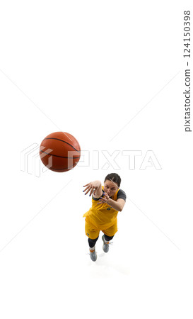 Top view dynamic image of woman, basketball player scoring goal, throwing ball in basket isolated on white background. Champion 124150398