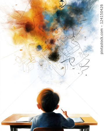 Illustration of a child sitting at a desk, staring at a chaotic burst of abstract colors and scribbles Illustration of a child sitting at a desk, staring at a chaotic burst of abstract colors and scribbles 124150426