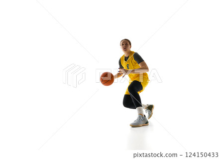 Determined athlete, female basketball player in motion win ball, showing full focus during match, playing isolated on white background 124150433