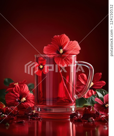 Vibrant Red Hibiscus Flowers in Glass Pitcher on Wooden Table Vibrant Red Hibiscus Flowers in Glass Pitcher on Wooden Table 124150532
