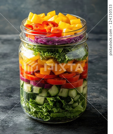 Colorful Layered Vegetable Salad in a Transparent Mason Jar for Healthy Meal or Snack 124150533