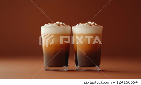 Luxurious Flat White Coffee Drinks on Wooden Table with Gradient Background 124150554