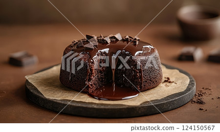 Decadent Chocolate Cake Dessert with Layered Textures and Rustic Presentation Decadent Chocolate Cake Dessert with Layered Textures and Rustic Presentation 124150567