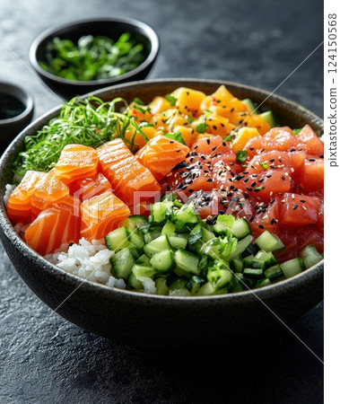 Vibrant and Nourishing Poke Bowl with Fresh Seafood Vegetables and Grains 124150568
