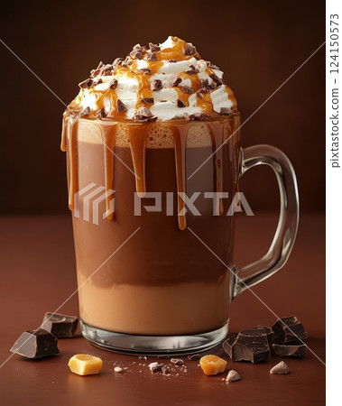 Decadent Salted Caramel Hot Chocolate Topped with Whipped Cream and Marshmallows 124150573