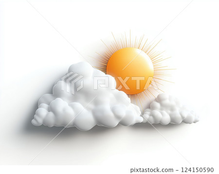 Minimalistic weather icon of a bright golden sun partially covered by soft white clouds 124150590