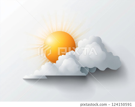 Minimalistic weather icon of a bright golden sun partially covered by soft white clouds 124150591