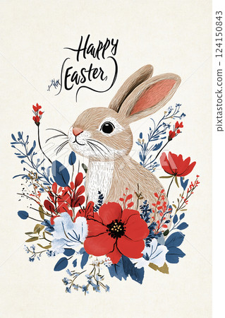 Elegant Easter greeting card with rabbit among red and blue floral elements 124150843