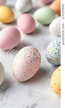 Happy Easter soft pastel eggs with delicate gold speckles arranged artistically on a marble surface 124150845