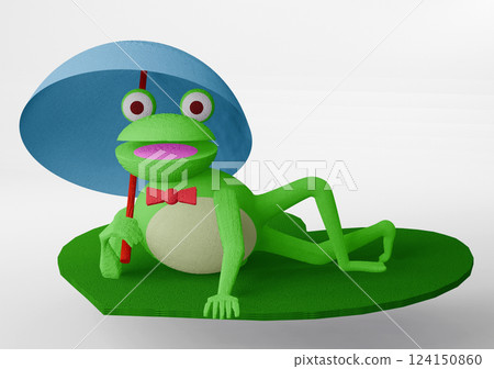 A cute frog with an umbrella lying on a leaf 124150860
