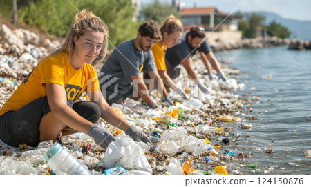 Female and male volunteers are collecting plastic 124150876