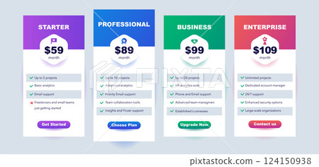 Modern Business Pricing UI Kit. 4 Elegant Plan Blocks for Digital Platforms, Ux Design, etc 124150938