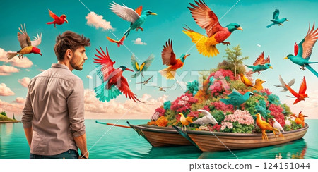 a man with birds on the sea 124151044