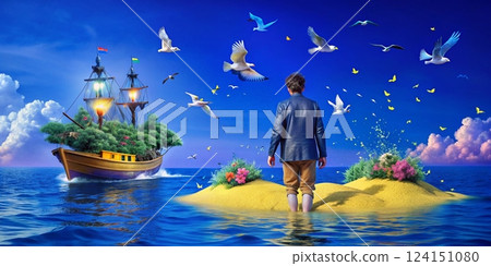 a man with birds on the beach 124151080