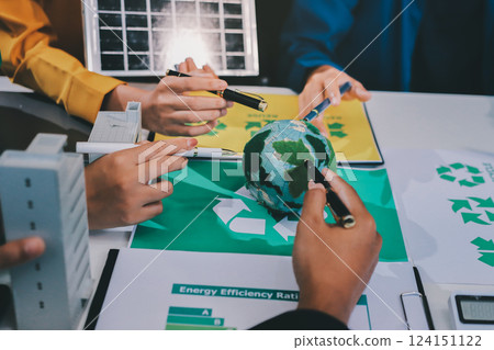 Young Asian business team discussion reusable product in office,start up eco-friendly business,environmental protection,sustainable business model,ESG strategy,team meeting,people work at home concept 124151122