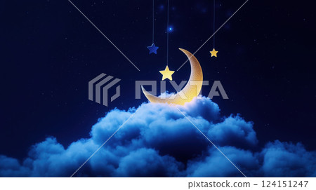 Glowing yellow moon and stars hanging on clouds in dreamy night sky, peaceful and magical Glowing yellow moon and stars hanging on clouds in dreamy night sky, peaceful and magical 124151247
