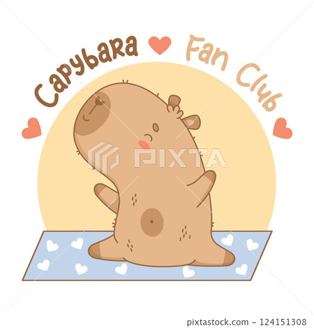 Cute capybara stretching on yoga mat. Cartoon kawaii animal sportsman yogi. Cool logo emblem Fan Club capibara. Funny meditation and fitness mascot character. Vector illustration 124151308