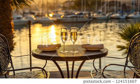 Champagne glasses on a table in a cafe at the yacht harbor 124151607