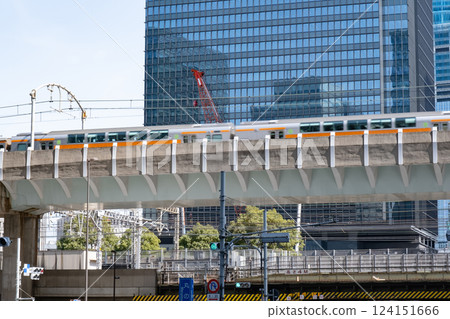 Scenery of a train running on an elevated track in a city of high-rise buildings 124151666