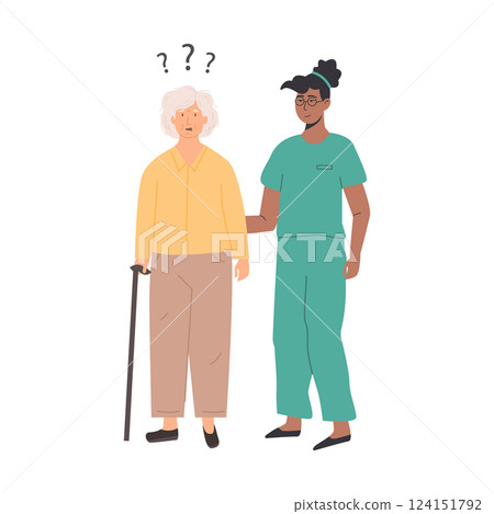 Elderly woman with memory loss receiving support from a caregiver outdoors. A nurse or doctor helping old lady. Scene of social worker with senior person. Assisted living concept. Vector illustration. Elderly woman with memory loss receiving support from a caregiver outdoors. A nurse or doctor helping old lady. Scene of social worker with senior person. Assisted living concept. Vector illustration. 124151792