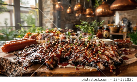 Savoring a traditional Argentine asado with meats and sides in a rustic atmosphere 124151825