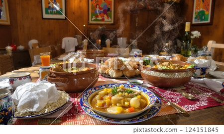 Enjoying chilean cazuela in a cozy dining setting with traditional decor and warm ambiance 124151845