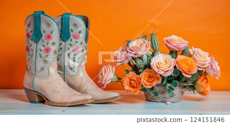 Embroidered Boots & Roses on Citrus Canvas 124151846