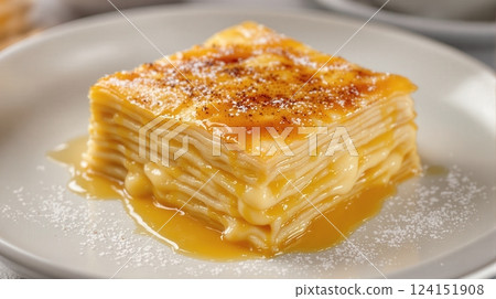 Delicious galaktoboureko dessert served with honey syrup in an elegant setting 124151908