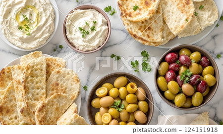 Tasty Greek meze platter with spreads and olives on a marble table in a casual setting 124151918