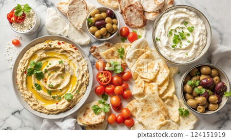 Savor the flavors of a Greek meze platter featuring dips, olives, and fresh vegetables 124151919