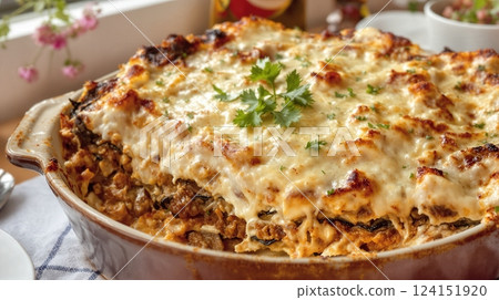 Moussaka baked with layers of eggplant, ground meat, and creamy bechamel sauce 124151920