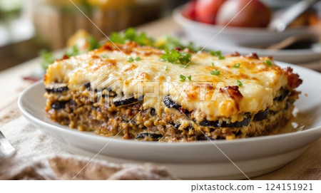 Delicious Greek Moussaka served with fresh herbs and a side of fruits for a delightful meal 124151921