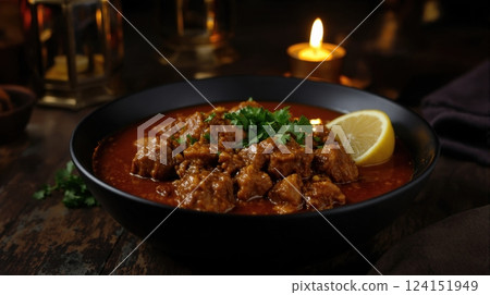 Experience the rich flavors of Rogan Josh, a classic Indian curry dish served in a cozy setting 124151949