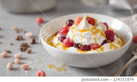 Delicious Norwegian cloudberry dessert topped with fresh berries and drizzled with syrup Delicious Norwegian cloudberry dessert topped with fresh berries and drizzled with syrup 124151974