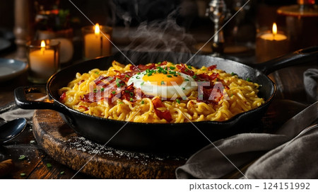 Delicious Swiss Rosti served with crispy bacon and a perfectly cooked egg on a rustic wooden table 124151992
