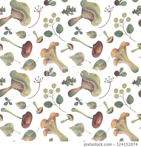 Autumn watercolor seamless pattern with mushrooms, leaves, and berries 124152074