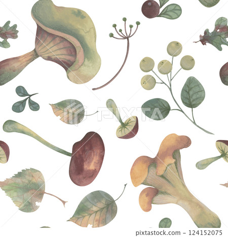 Mushrooms, leaves, and berries in autumn watercolor seamless pattern 124152075