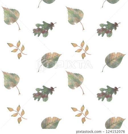 Soft pastel autumn leaves seamless pattern watercolor illustration 124152076