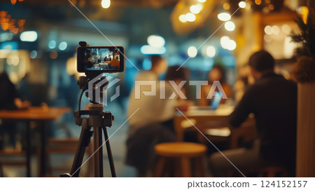 Coffee shop storytelling through a mounted smartphone, dynamic recording perspective. Using phone stabilizer 124152157