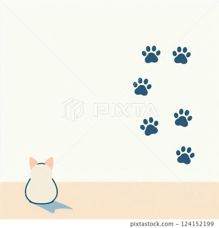 The back view of a sitting cat and mysterious blue footprints The back view of a sitting cat and mysterious blue footprints 124152199