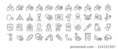 Respiratory Health Vector Line Icons Set. Lungs, diseases TB, pneumonia, asthma , diagnostics X-ray, tests , and treatment. Ideal for medical apps, infographics, and websites. Editable Strokes 124152307