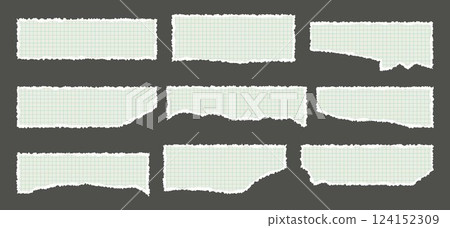 A set of sheets of torn or tattered chequered paper. Textured shapes with jagged edges. Vector illustration for collage, social media, stickers, posters. 124152309