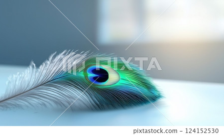 Iridescent Peacock Feather on Matte White Surface Vibrant Colors and Natural Elegance in Minimalist Photography Iridescent Peacock Feather on Matte White Surface Vibrant Colors and Natural Elegance in Minimalist Photography 124152530