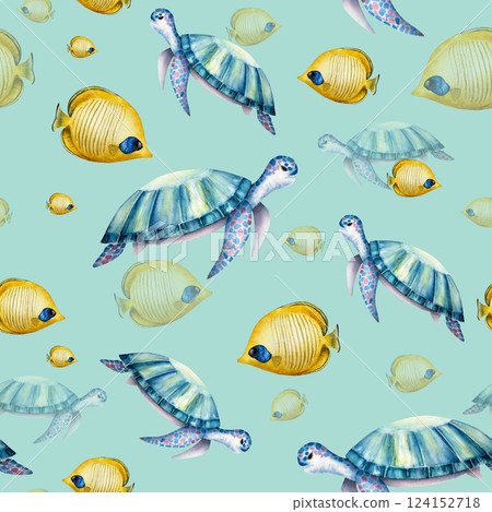 Butterflyfish and sea turtle seamless pattern. Colorful tropical fish. Watercolor hand drawn illustration isolated on background. For designers, postcards, greetings, birthday, calendar, wallpapers 124152718